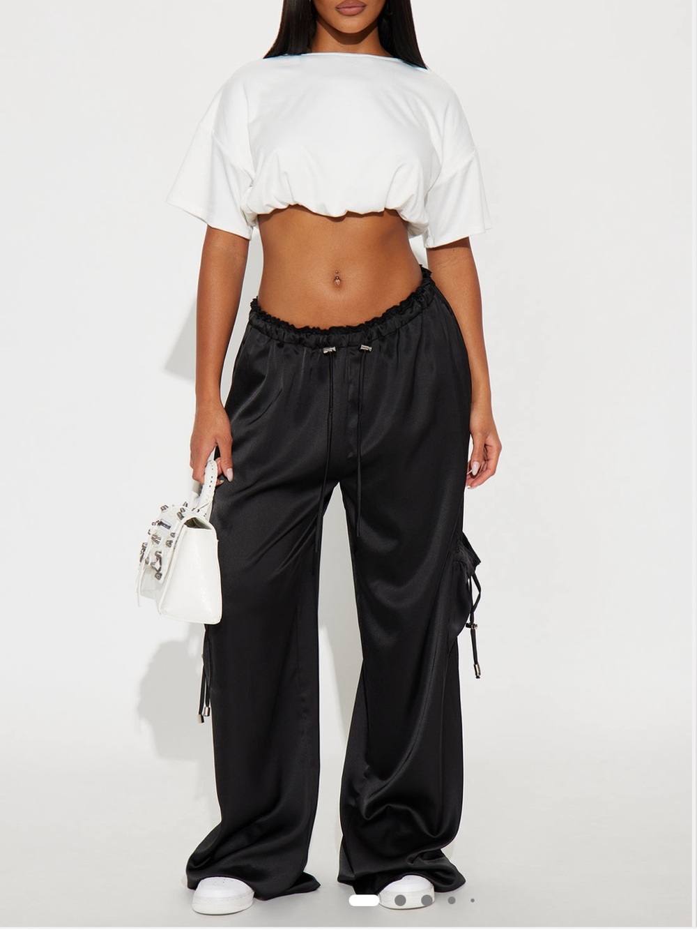 Fashion Nova Black Satin Wide Leg Cargo Pants